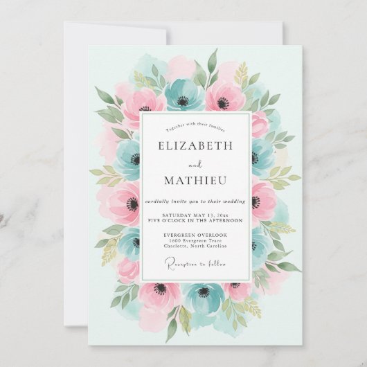 Blaugrüne rosa florale Hochzeit Einladung (Vorderseite)