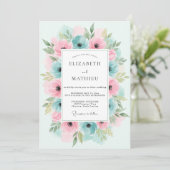 Blaugrüne rosa florale Hochzeit Einladung (Stehend Vorderseite)