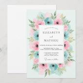 Blaugrüne rosa florale Hochzeit Einladung (Vorne/Hinten)