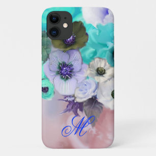 BLAUGRÜNE ROSEN UND WEISSE ANEMONENBLUMEN MONOGRAM Case-Mate iPhone HÜLLE