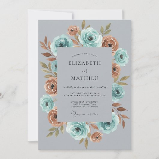 Blaugrüne Rustfarbene Moody Botanische Hochzeit Einladung (Vorderseite)