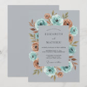 Blaugrüne Rustfarbene Moody Botanische Hochzeit Einladung (Vorne/Hinten)