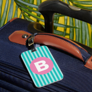 Blaugrüne senkrecht gestreifte rosa Kreis-Monogram Gepäckanhänger