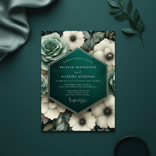 Blaugrüne Stimmungsvolle Florale Opulenz Hochzeit Einladung
