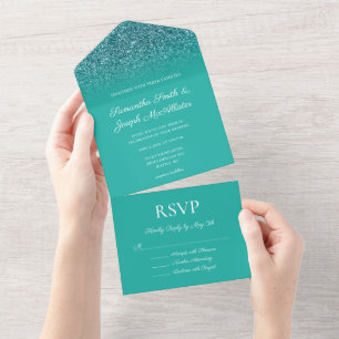 Blaugrüne Türkis Ombre Glitter Hochzeit All In One Einladung
