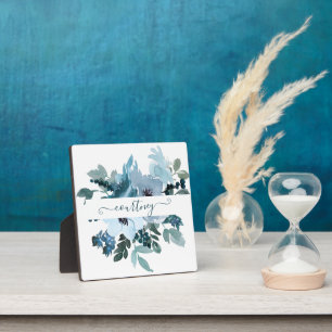 Blaugrüne und blaue Aquarell-Blumen personalisiert Fotoplatte