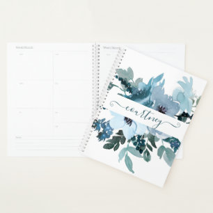 Blaugrüne und blaue Aquarell-Blumen personalisiert Planer