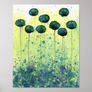 Blaugrüne und Chartreuse Mohnblumen, Aquarellblume Poster