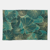 Blaugrüne und goldene Blätter Geschirrtuch (Horizontal)