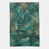 Blaugrüne und goldene Blätter Geschirrtuch (Vertikal)