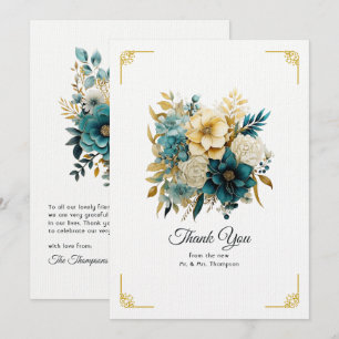 Blaugrüne und goldene florale Hochzeit Dankeskarte