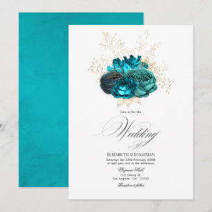 Blaugrüne und goldene florale Hochzeit Einladung