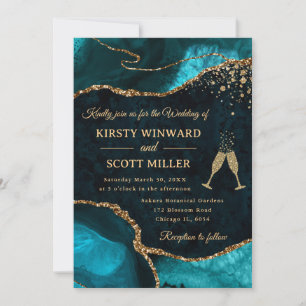 Blaugrüne und goldene Glitter-Achat-Hochzeit Einladung