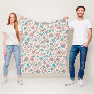 Blaugrüne und korallenrote Volkskunst-Blumenmuster Fleecedecke