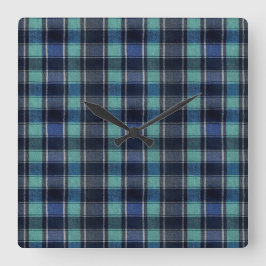 Blaugrüne und marineblaue Tartan-Karo-Wanduhr Quadratische Wanduhr