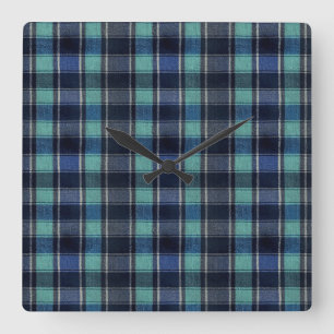 Blaugrüne und marineblaue Tartan-Karo-Wanduhr Quadratische Wanduhr