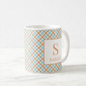 Blaugrüne und Orange karierte Monogramm-Name Kaffeetasse (VorderseiteRechts)