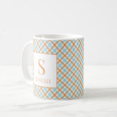 Blaugrüne und Orange karierte Monogramm-Name Kaffeetasse (Vorderseite Links)