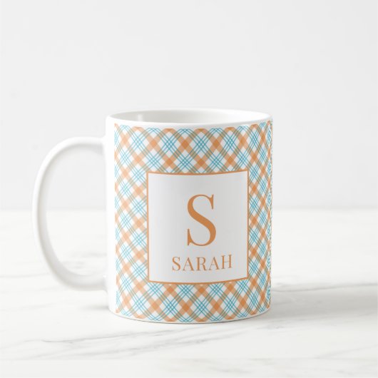 Blaugrüne und Orange karierte Monogramm-Name Kaffeetasse (Links)