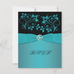 Blaugrüne und schwarze florale, mit Juwelen besetz RSVP Karte