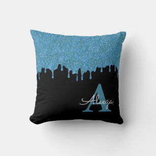 Blaugrüne und schwarze Monogramm-Glitter-Tropfen Kissen