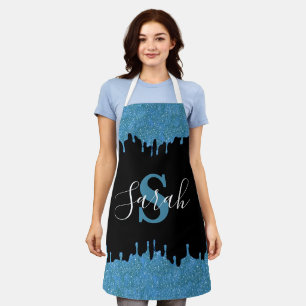 Blaugrüne und schwarze Monogramm-Glitter-Tropfen Schürze