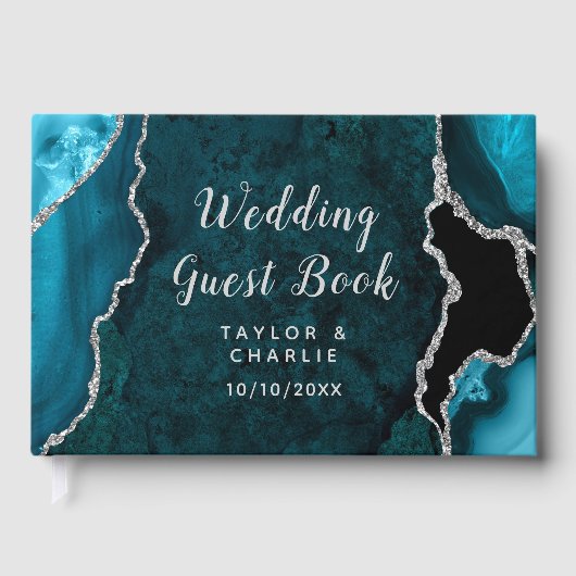 Blaugrüne und silberne Achat-Marmor-Hochzeit Gästebuch (Vorderseite)