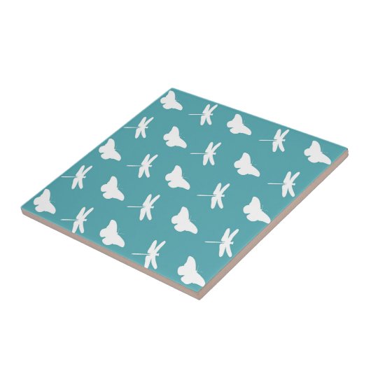 Blaugrüne und weiße Schmetterlings- und Libellenmu Fliese (Seite)