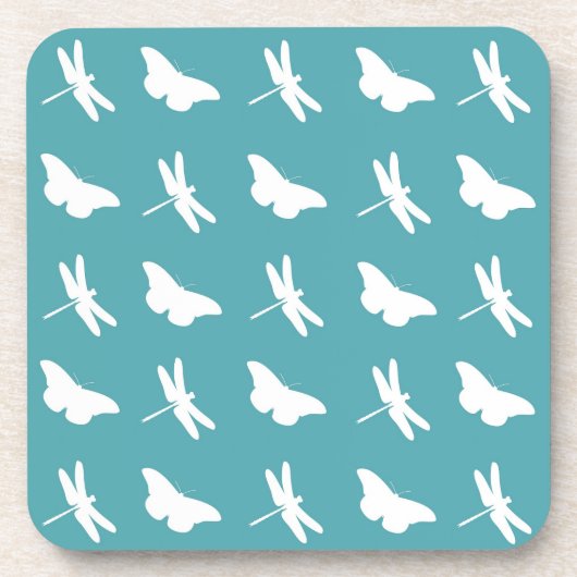 Blaugrüne und weiße Schmetterlings- und Libellenmu Getränkeuntersetzer (Vorderseite)