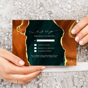 Blaugrüne, verbrannt orange & goldene Achat-RSVP-E Einladung