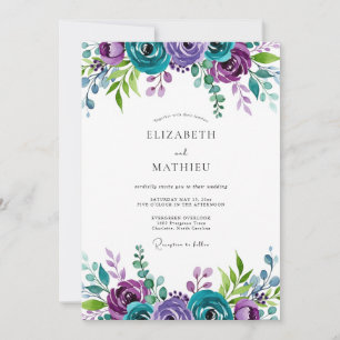 Blaugrüne Violette Majestätische Botanische Hochze Einladung