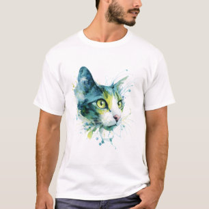 Blaugrüne Wasserfarben-Katzengesicht-Abstraktkunst T-Shirt
