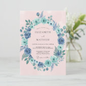 Blaugrüner Blumenkranz Hochzeit Einladung (Stehend Vorderseite)