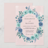 Blaugrüner Blumenkranz Hochzeit Einladung (Vorne/Hinten)