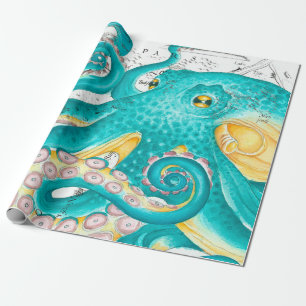Blaugrüner Oktopus Nautische Karte Wasserfarbe Geschenkpapier