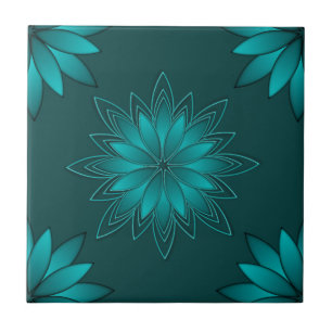 Blaugrünes Blatt-Mandala-Design auf Dunkelcyan Fliese
