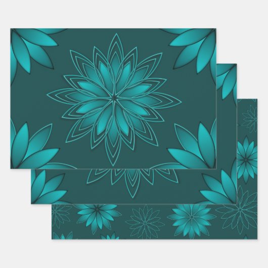 Blaugrünes Blatt-Mandala-Design auf dunklem Cyan Geschenkpapier Set (Set)