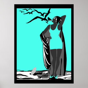Blaugrünes Poster ART DECO LADY Schwarz Weiße Vöge