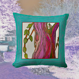 Blaugrünes stilisiertes Bild von Bäumen und Vögeln Kissen