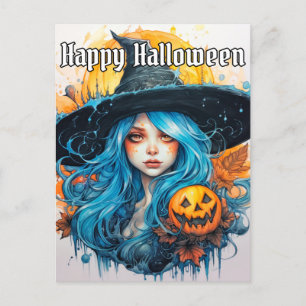 Blauhaarhexe Illustration   Frohe Halloween Postkarte