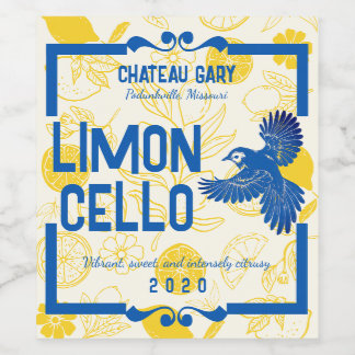 Blauhäher-Vogel Zitronen Limoncello Likör Essig Weinetikett