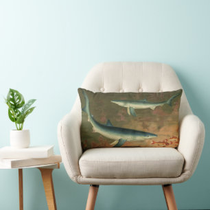Blauhaie fressen Fische, Vintage Meeresleben Lendenkissen
