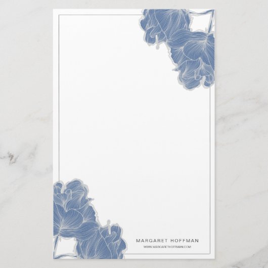 Blauhandgezeichnete Blume Peonies Stationery Briefpapier (Vorderseite)
