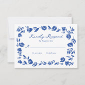 Blauhandgezeichnete Molkenkorrektur-Blume Hochzeit RSVP Karte (Vorderseite)