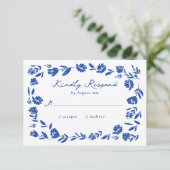 Blauhandgezeichnete Molkenkorrektur-Blume Hochzeit RSVP Karte (Stehend Vorderseite)