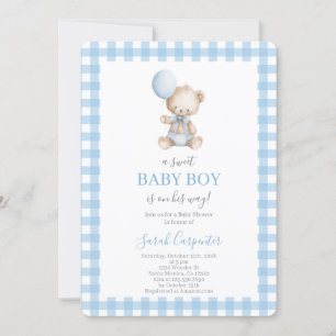 Blaukariert und Bär Baby Shower Junge Einladung