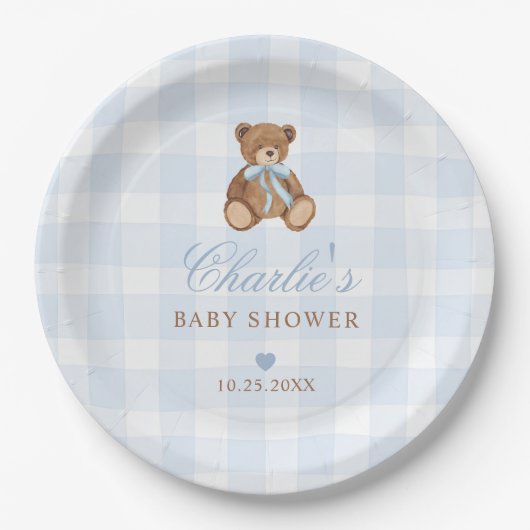 Blaukarierte Teddybär-Baby-Party Pappteller (Vorderseite)