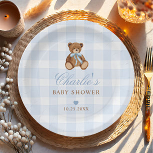 Blaukarierte Teddybär-Baby-Party Pappteller