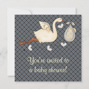 Blaukarierter Storch Baby Jungen Shower Einladung