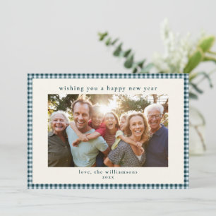 Blaukariertes Familienfoto Neujahr 2027 Feiertagskarte